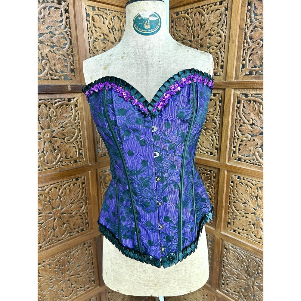 Purple‎ Lace Corset Top with Sequin Trim Burlesque Gothic Costume
